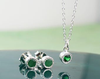 Emerald Jewelry Set Sterling Silver May Birthstone Jewelry Necklace and Earrings Set Dainty Jewelry Set