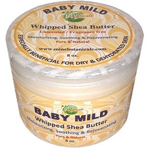 May include: A white plastic jar with a yellow label that reads "Baby Mild Whipped Shea Butter Unscented / Fragrance free Moisturizing, Soothing & Rejuvenating Pure & Natural 8 oz."