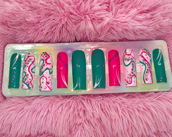Handmade Long Square Press On Nails: Pink Teal Abstract Art