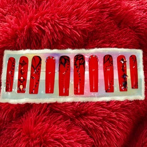 XXL Tapered Square Press On Nails | Reusable Handmade False Nails |  Red Glossy Nails | Custom Nail Set with Glue | Luxury Nail Kit