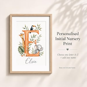 Personalised Letter A-Z Safari Animal Initial A4 Nursery/Children's Print, Custom Name Print, Nursery and Bedroom Wall Art, Unframed Print
