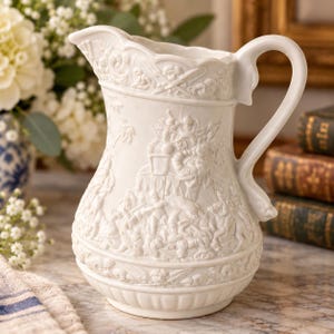 May include: A white ceramic pitcher featuring intricate relief carvings of figures and foliage. The vessel has a curved handle, a scalloped rim, and a wide base with a fluted design. The surface is decorated with detailed scenes of people and animals.