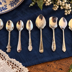 May include: A collection of eight silver-toned metal spoons arranged in a row. The spoons feature various handle designs, including ornate patterns and smooth finishes, with bowl shapes ranging from traditional oval to pointed and square-edged.