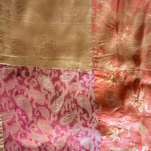 Vintage Gold Patchwork Bed Throw 175cm Silk Blend Bedspread, Luxury Satin Quilt Throw, Decorative Bedding, Boho Chic Bedroom Decor