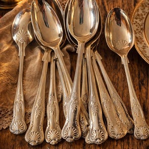 May include: A collection of ornate silver spoons with detailed floral and shell designs. The spoons are arranged on a wooden surface, reflecting light. The spoons are part of a vintage silverware set.