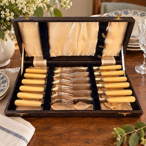 May include: A set of six silver-plated forks with smooth, cream-coloured handles arranged horizontally inside a dark brown rectangular presentation box. The interior of the box is lined with cream-coloured satin fabric and features dark blue velvet slots.