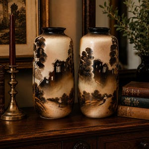 Large Vintage Brown Vase Pair c1950s, Dark Academia Decor, Country House Style, Rustic Ceramic Mantel Vases, English Pottery