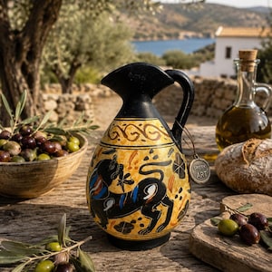 May include: A ceramic pitcher with a black neck and handle, featuring a yellow body decorated with a black feline figure and geometric patterns. A round metal tag attached to the handle displays the text GREEK ART in embossed lettering.
