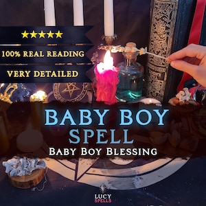 May include: A lit red candle and a small glass bottle with a cork are featured in this image. The text "BABY BOY SPELL" and "BABY BOY BLESSING" are displayed. The image also includes a book, candles, and the text "100% REAL READING" and "VERY DETAILED".