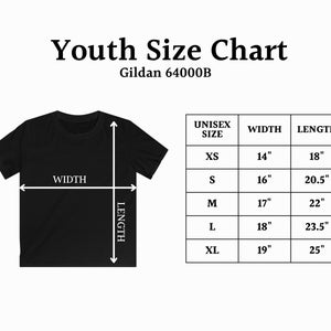 May include: Black t-shirt with a youth size chart. The chart includes unisex sizes XS to XL, with corresponding width and length measurements in inches. The text "Youth Size Chart" is at the top.