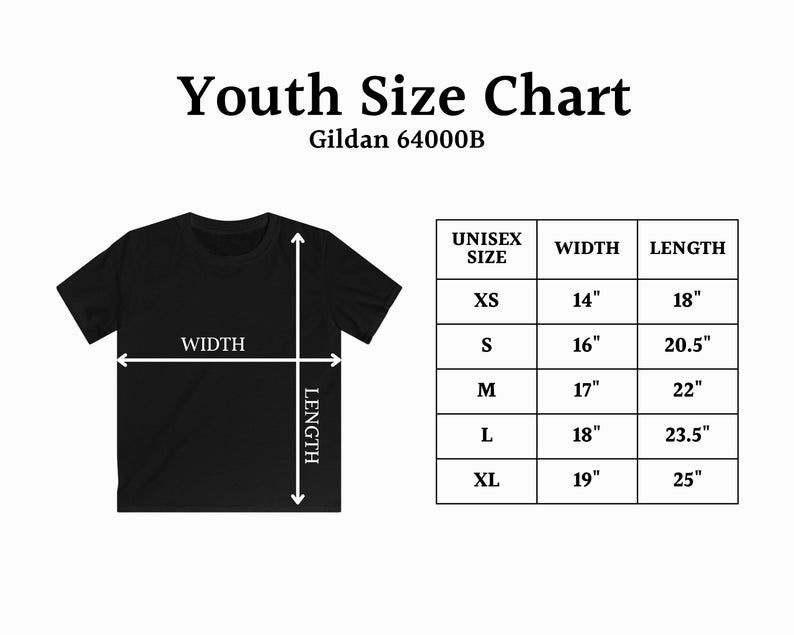 May include: Black t-shirt with a youth size chart. The chart includes unisex sizes XS to XL, with corresponding width and length measurements in inches. The text "Youth Size Chart" is at the top.
