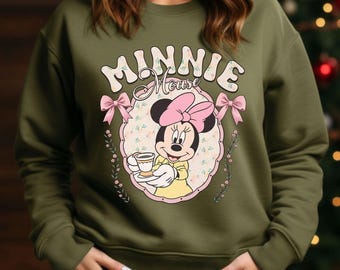 Moletom preto da Minnie Mouse - estampa fofa da Disney, roupa casual feminina, detalhes de laço rosa, estilo casual, ideia de presente