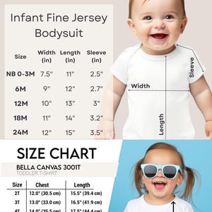 May include: A product image showing a size chart for infant bodysuits and toddler t-shirts. The bodysuit chart displays measurements in inches for width, length, and sleeve length. The t-shirt chart includes chest and length measurements in cm.