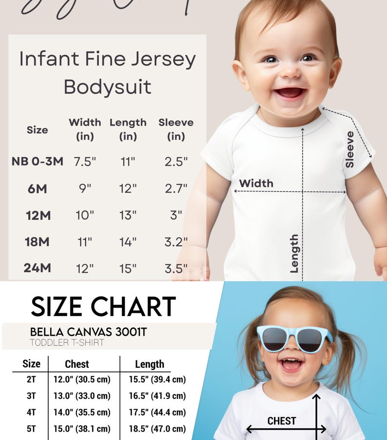 May include: A product image showing a size chart for infant bodysuits and toddler t-shirts. The bodysuit chart displays measurements in inches for width, length, and sleeve length. The t-shirt chart includes chest and length measurements in cm.