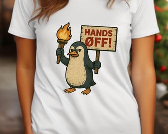 Hands Off Penguin T-Shirt - Funny Graphic Tee, Cute Animal Lover Gift, Humor Shirt for Women Men, Black Casual Tee