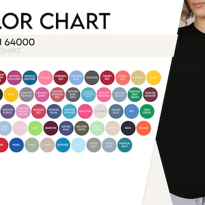 May include: A black Gildan 64000 unisex t-shirt is displayed alongside a colour chart. The chart presents a range of colours, including white, red, blue, green, and orange. The text "COLOUR CHART" and "UNISEX T-SHIRT" are visible.