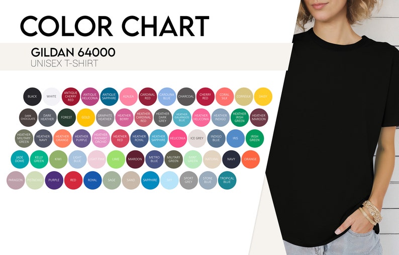 May include: A black Gildan 64000 unisex t-shirt is displayed alongside a colour chart. The chart presents a range of colours, including white, red, blue, green, and orange. The text "COLOUR CHART" and "UNISEX T-SHIRT" are visible.