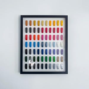 May include: A framed display of colorful nail polish swatches. The rectangular frame is black, and the swatches are arranged in rows and columns, showcasing a wide spectrum of colors, from vibrant reds and oranges to cool blues and greens.