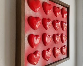 Handcrafted Red Hearts Wall Art – Plaster Heart Wall Mounted in Walnut Frame 11.2 x 11.2 in