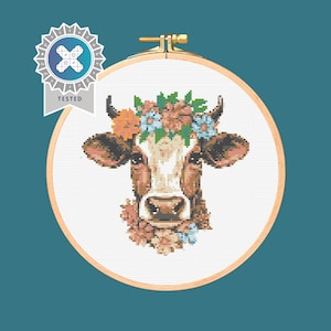 Flowers Cow Cross Stitch Pattern. Downloadable digital PDF Design.