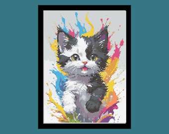 Watercolor Cat Cross Stitch Pattern. Downloadable Digital PDF Design.