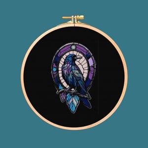 Crow Stained Glass Cross Stitch Pattern. Downloadable Digital PDF Design.