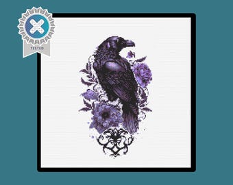Gothic Crow Cross Stitch Pattern. Downloadable Digital PDF Design.