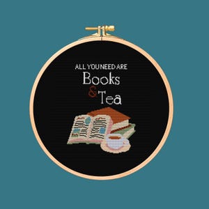 Books And Tea Cross Stitch Pattern. Downloadable Printed Digital PDF Design.