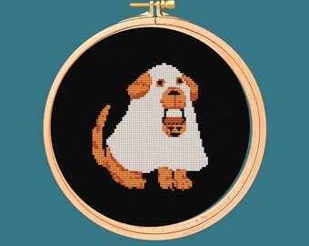 Patrón de punto de cruz de perro fantasma de Halloween. Descarga instantánea, diseño fácil y divertido.