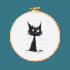May include: A black cat with a fluffy, messy coat and large, round eyes is sitting on a white background. The cat is looking to the right of the image.