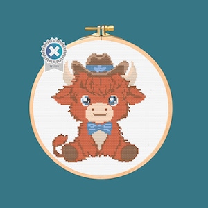 Cowboy Highland Cow Cross Stitch Pattern. Downloadable Digital PDF Design