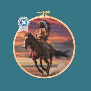 May include: A Native American man riding a brown horse with a sunset in the background. The man is wearing a feathered headdress and traditional clothing.