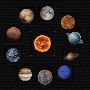 Könnte beinhalten: Eine Collage der Planeten unseres Sonnensystems, einschließlich Sonne, Merkur, Venus, Erde, Mars, Jupiter, Saturn, Uranus, Neptun und Pluto. Die Planeten sind in einem Kreis um die Sonne angeordnet, wobei die Sonne in der Mitte steht.