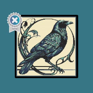 May include: A black and blue raven with intricate details sits on a branch with a swirling design. The raven is perched on a branch with a swirling design. The background is a cream color.