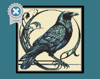 Art Nouveau Crow Cross Stitch Pattern.  Downloadable Digital PDF Design.