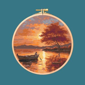 Sunset on River Landscape Cross Stitch Pattern. Downloadable Digital PDF Design.