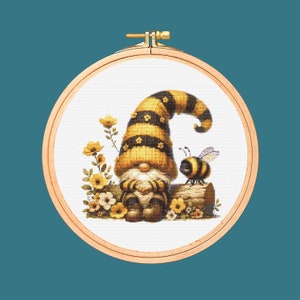 Bee Gnome Cross Stitch Pattern. downloadable digital pdf design