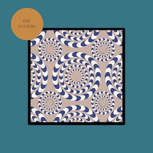 Puede incluir: Un patrón sin costuras con un diseño repetitivo de círculos concéntricos azules y blancos sobre un fondo beige. Los círculos crean una ilusión óptica de movimiento.