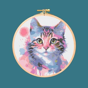 Watercolor Cat Cross Stitch Pattern. Downloadable Digital PDF Design.