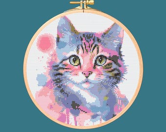 Watercolor Cat Cross Stitch Pattern. Downloadable Digital PDF Design.