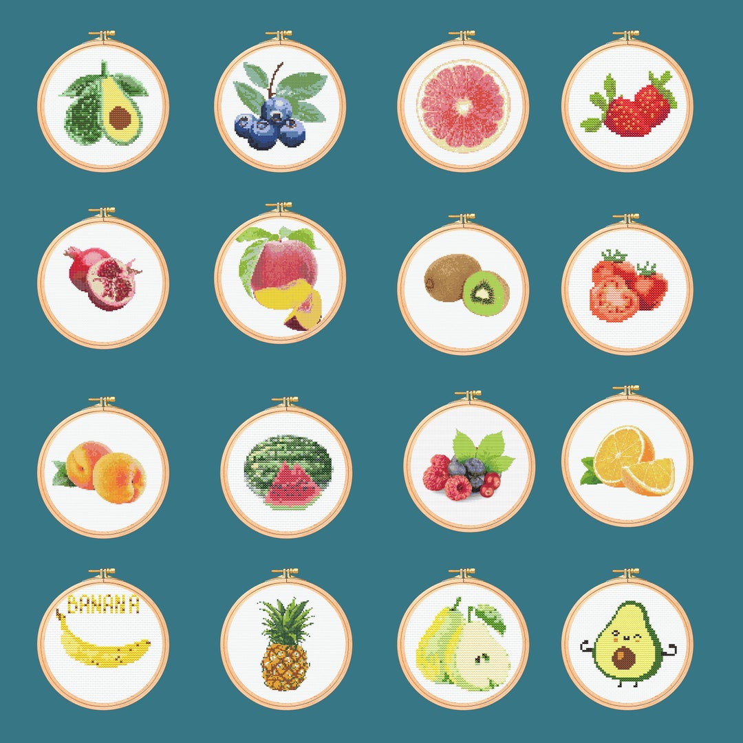Fruit and Vegetable Cross Stitch Pattern: 20 Designs (digital