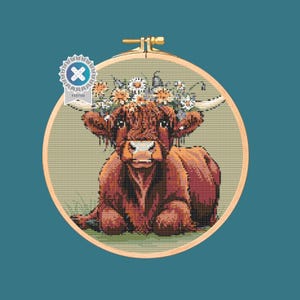 Flowers Highland Cow Cross Stitch Pattern. Downloadable Digital PDF Design.