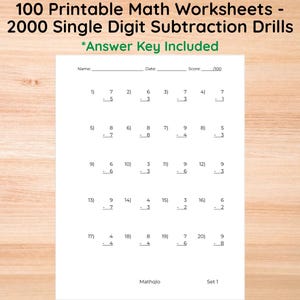 100 druckbare Matheübungen Einstellige Substriktion | Mathe Arbeitsblätter 1.Klasse | 2000 Übungsprobleme | Sofort Download + Lösungsschlüssel