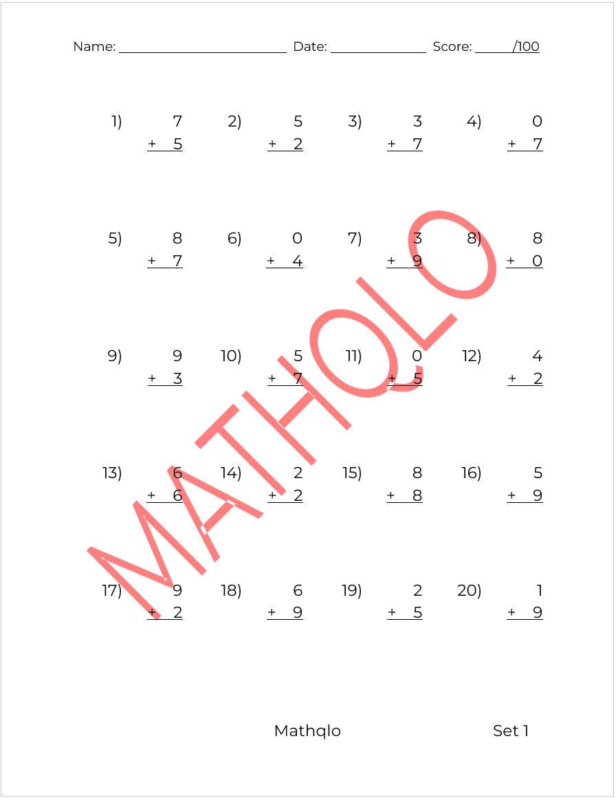 1st Grade Maths Worksheets | 100 Printable Drills | 2000 Single-digit ...