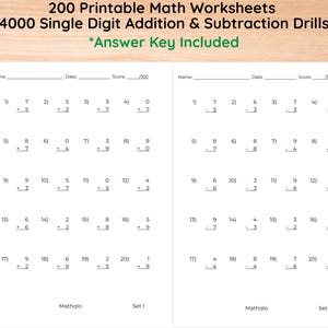 200 Advents- und Subsraktoren Arbeitsblätter - 1.Klasse Mathe Probleme | 4000 druckbare Matheübungen für Kinder | Vertikales Layout, inklusive Lösungsschlüssel