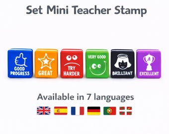 Juego de sellos para profesores: paquete de sellos escolares con 6 colores, 7 idiomas,