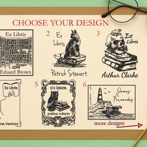 May include: A collection of six Ex Libris designs, each featuring a unique illustration. Designs include a bookshelf, a cat on books, a skull, a person holding a glass, an owl, and a lighthouse. Text includes names and the phrase "Ex Libris".
