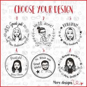 K&ouml;nnte beinhalten: Schwarz-Wei&szlig;-Illustration mit sechs Designoptionen. Der Text "CHOOSE YOUR DESIGN" steht oben. Jedes Design zeigt ein Cartoon-Portr&auml;t eines Lehrers mit positiven Botschaften wie "Great job!" und "Well done!"