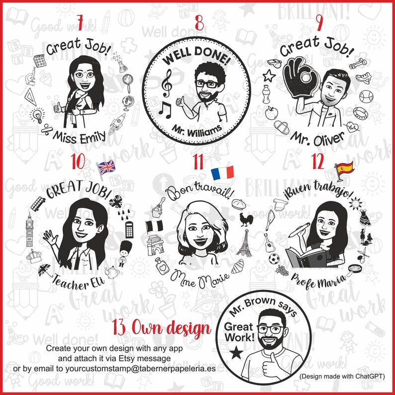 K&ouml;nnte beinhalten: Eine Sammlung personalisierter Lehrerstempel mit verschiedenen Designs. Jeder Stempel zeigt eine Cartoon-Illustration eines Lehrers mit S&auml;tzen wie "Great Job!" und "Well Done!" auf Englisch, Franz&ouml;sisch und Spanisch. Die Stempel sind kreisf&ouml;rmig.