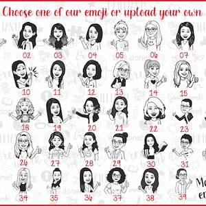 K&ouml;nnte beinhalten: Ein Raster von 39 schwarz-wei&szlig;en Emoji-Illustrationen von Personen, jede mit einer einzigartigen Frisur und einem einzigartigen Ausdruck. Der Text oben lautet: "W&auml;hlen Sie eines unserer Emojis oder laden Sie Ihr eigenes hoch." Das Wort "Mehr Emojis" steht unten.